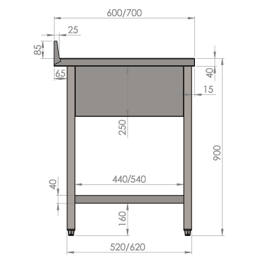 Spoeltafel 1200x700 met 1 bak, ondertablet en afdruiprek rechts